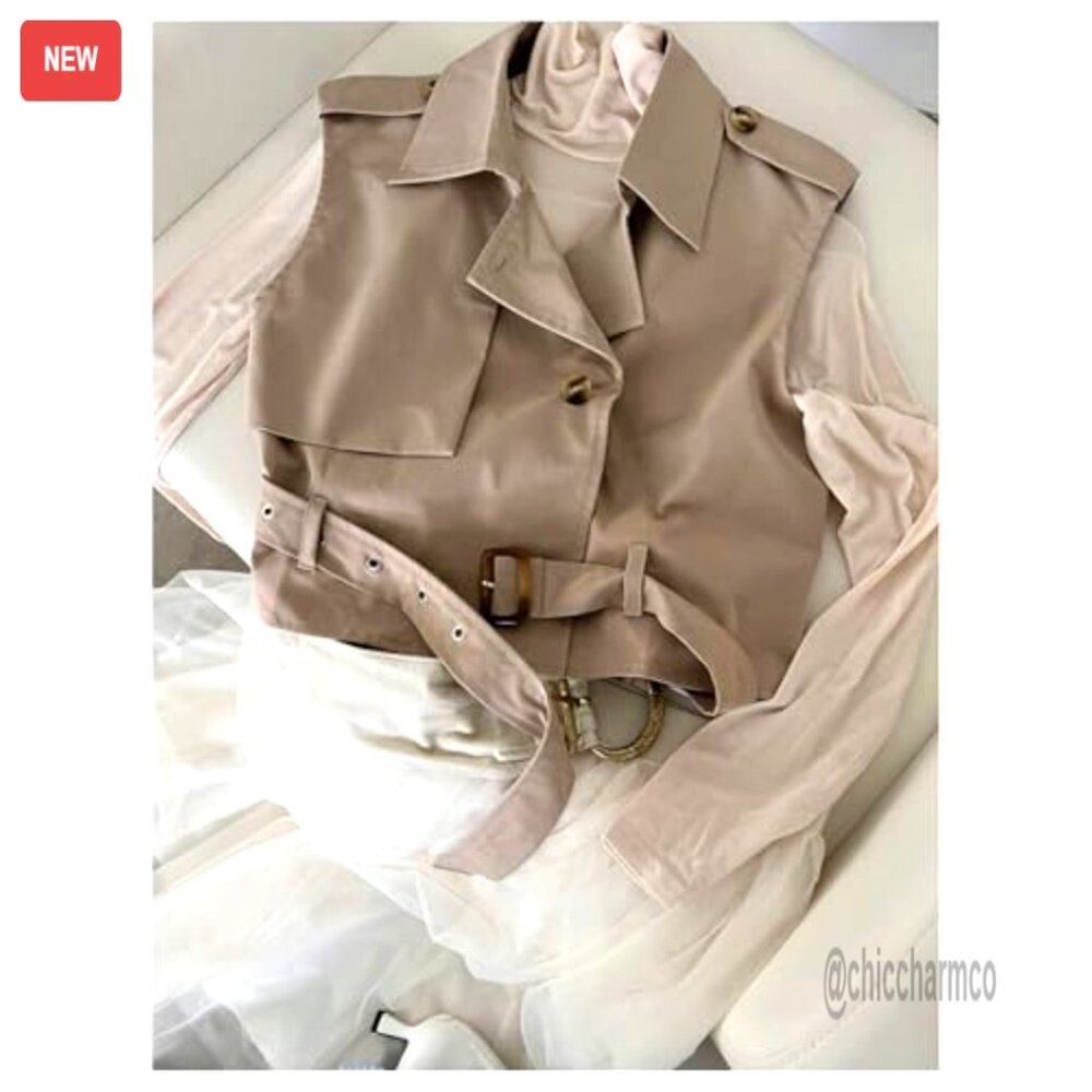 Sleeveless Cropped Trench Coat Belted Lapel Collar Vest Chic Minimal Elegant - Picture 5 of 7